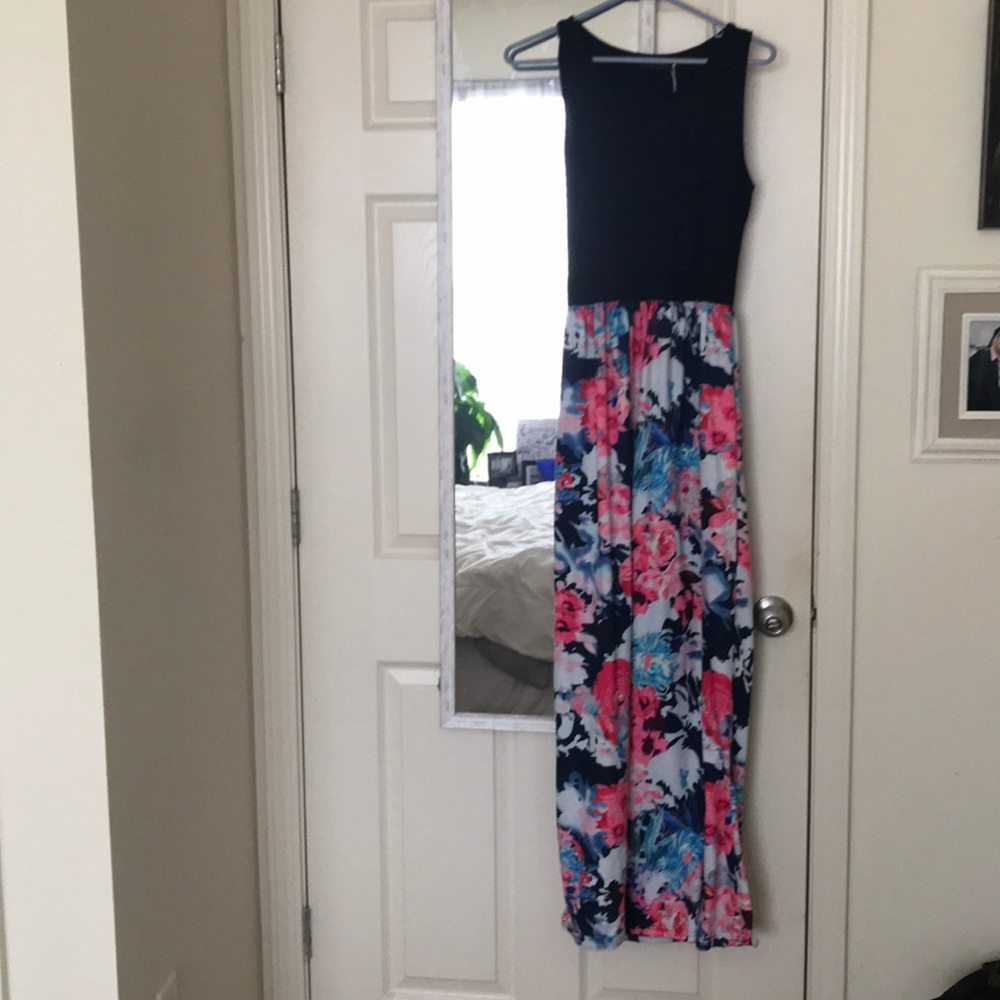 Flower color block maxi dress with pockets